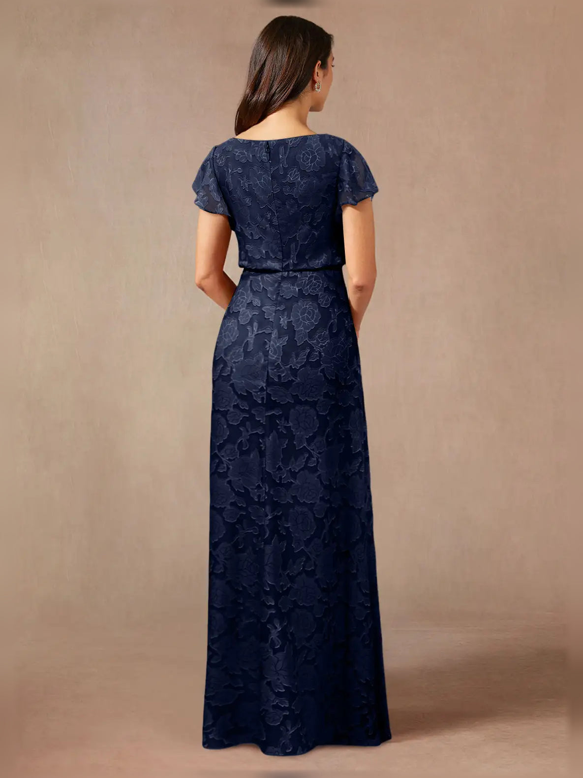 Navy Blue maxi mother of the bride dress, alternate view showing the bodice and skirt