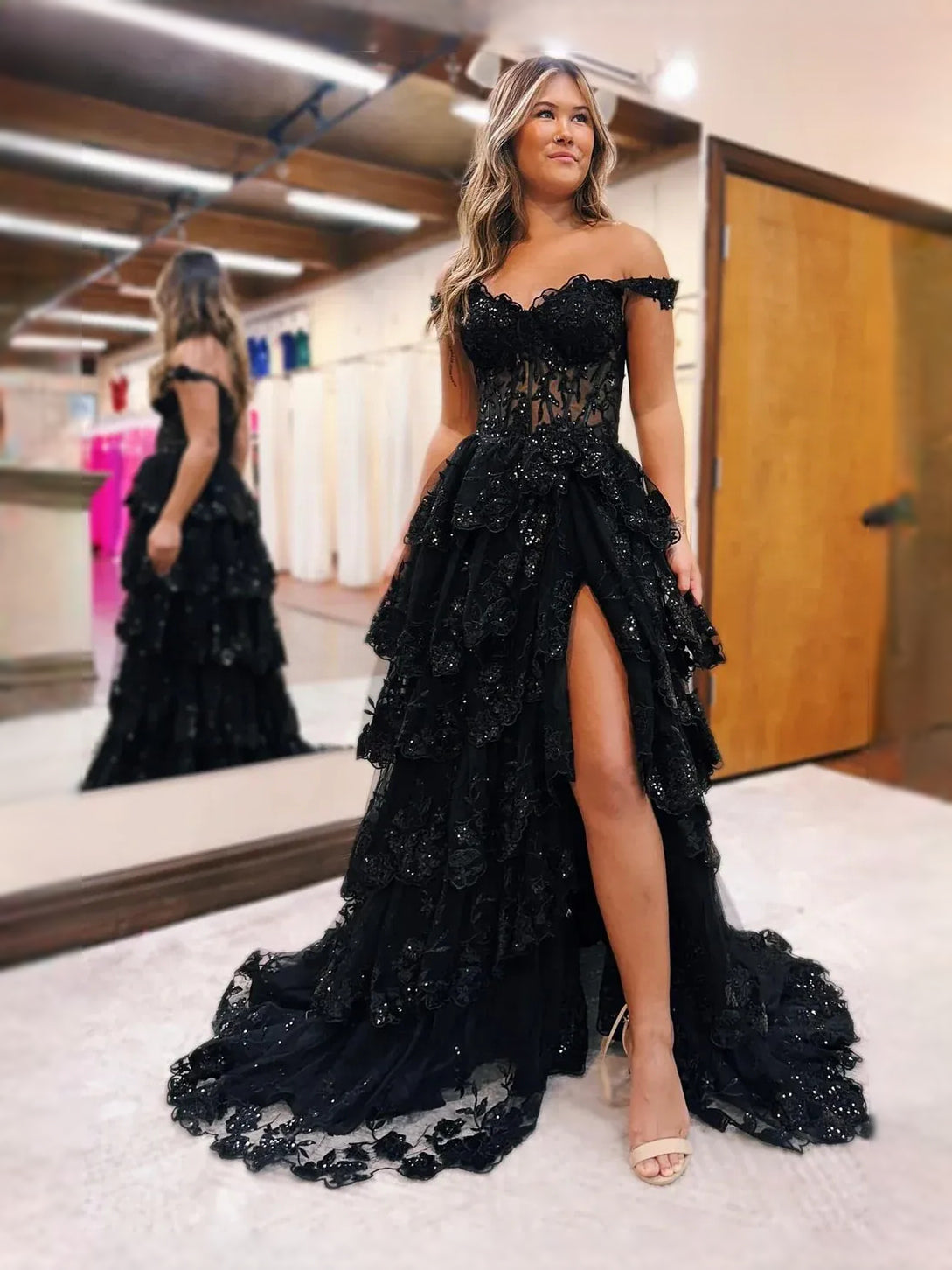 Black floor-length prom dress, alternate view showing the bodice and skirt