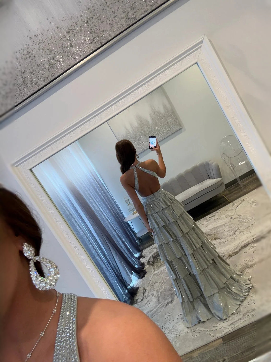 Silver floor-length prom dress, alternate view showing the bodice and skirt