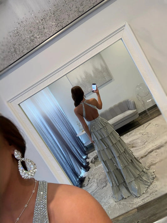 Silver floor-length prom dress, alternate view showing the bodice and skirt