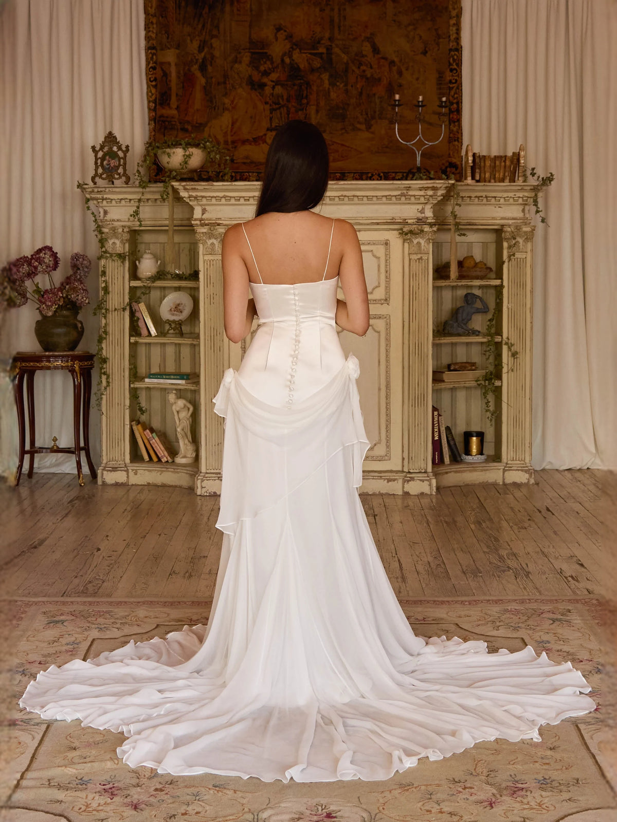 Ivory white maxi prom dress, alternate view showing the bodice and skirt
