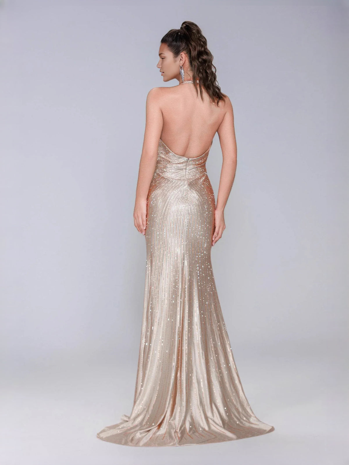 Champagne floor-length prom dress, back view showing the rear of the dress