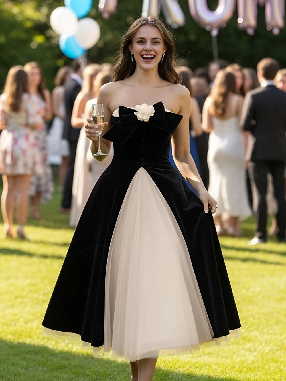 Black midi prom dress, alternate view showing the bodice and skirt