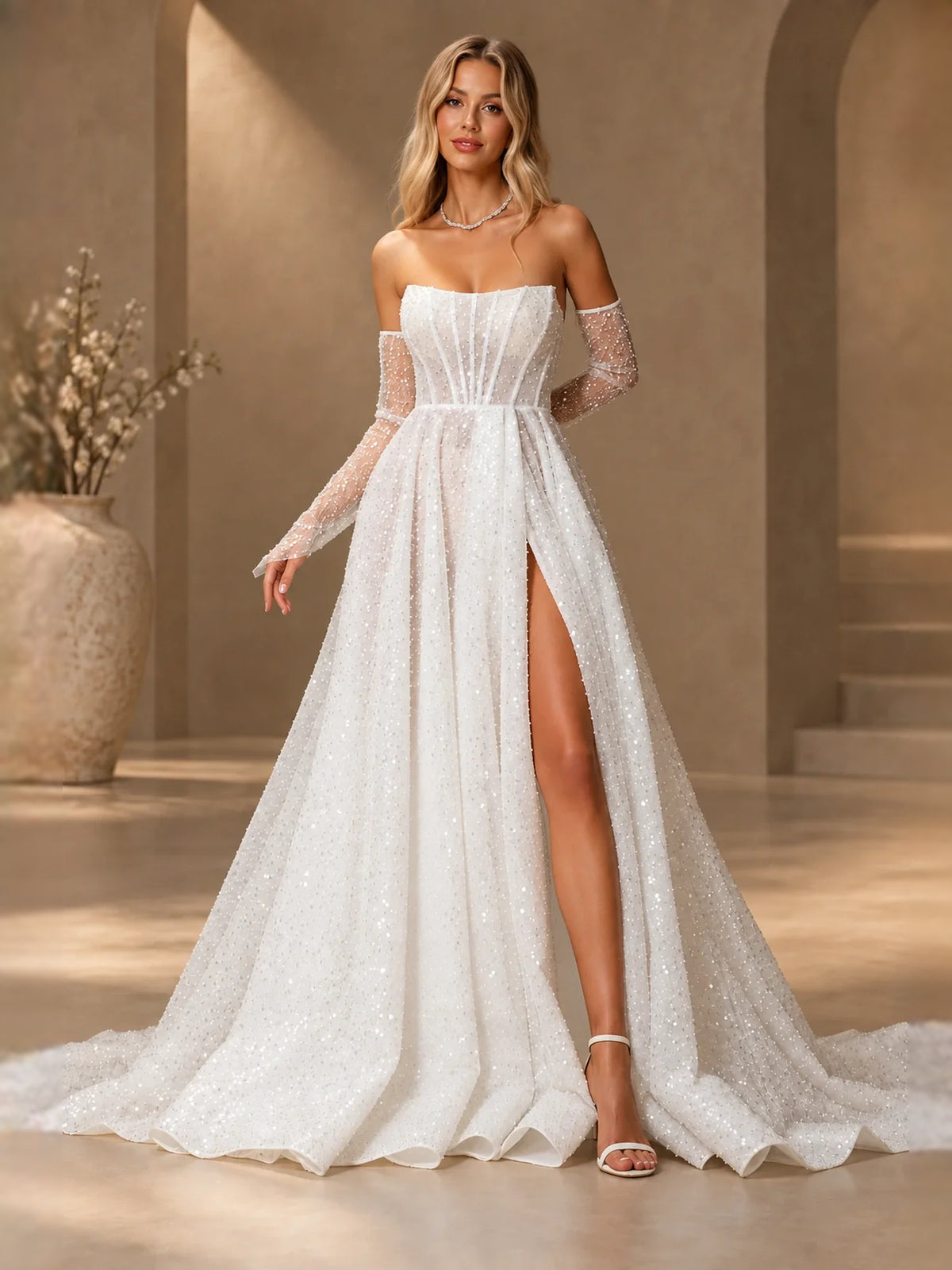 Ivory floor-length wedding dress, alternate view showing the bodice and skirt