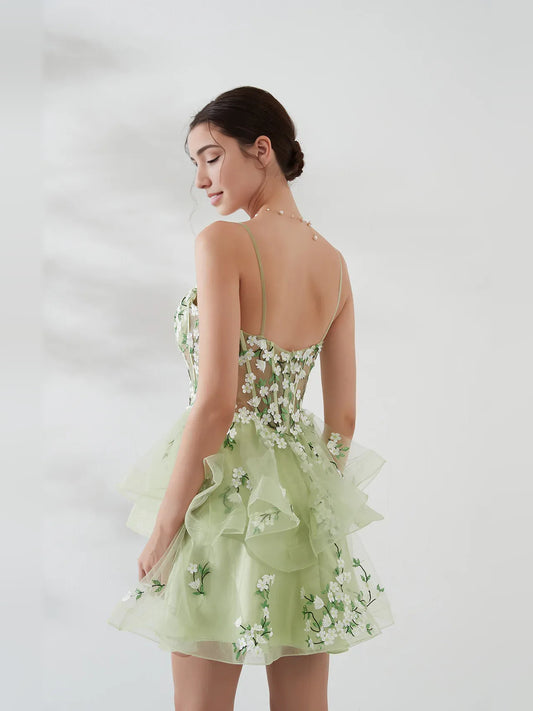 Sage Green mini homecoming dress, back view showing the rear of the dress