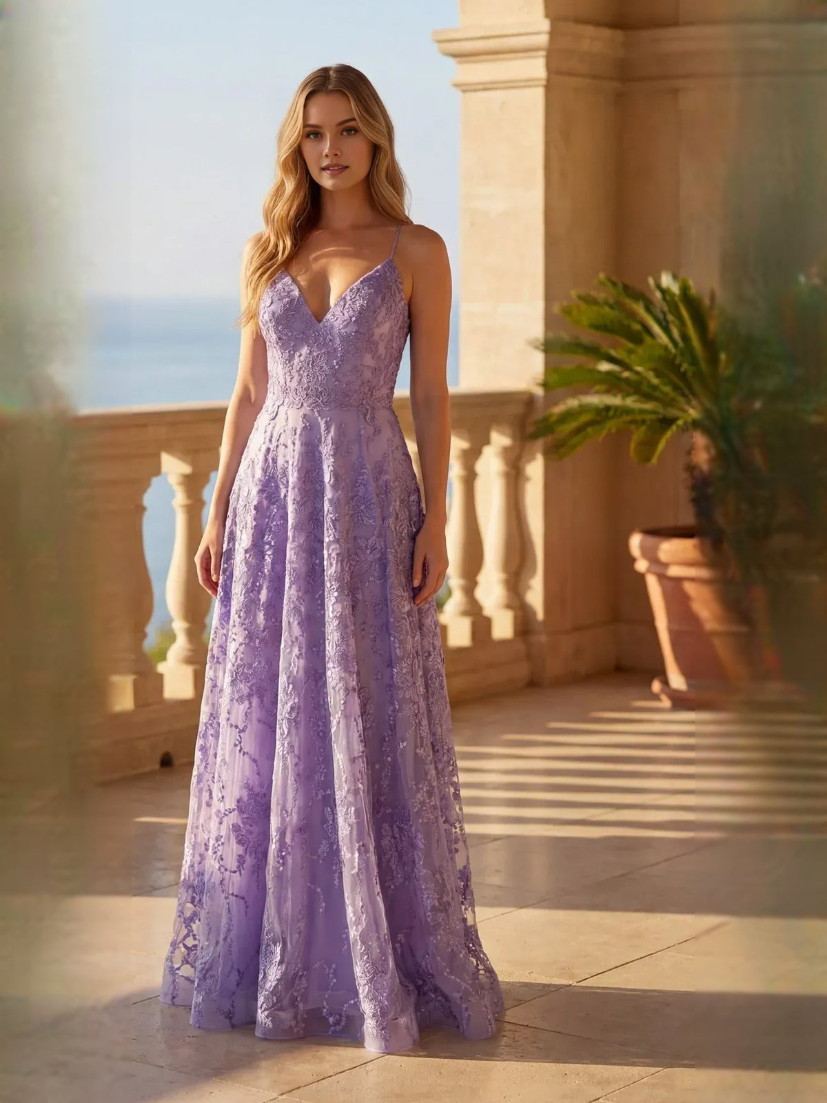 Lilac floor-length prom dress, back view showing the rear of the dress