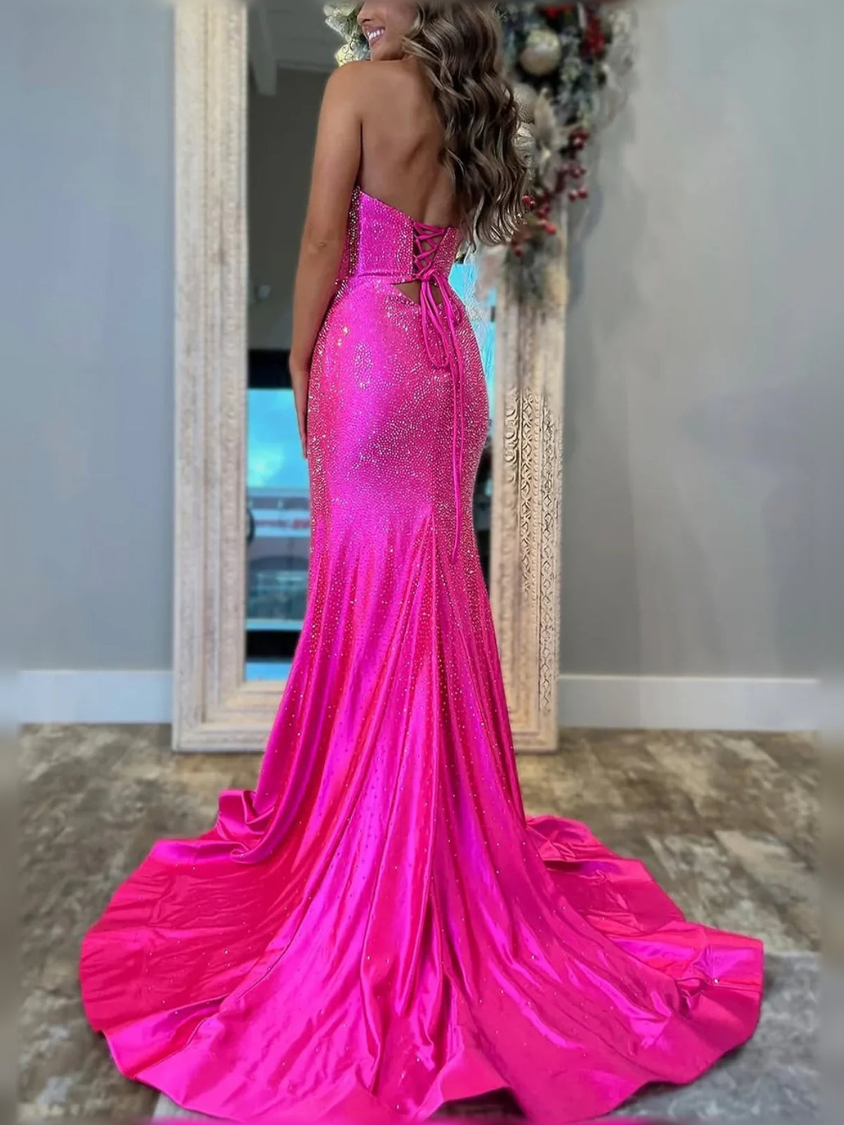 Hot Pink mermaid floor-length formal dress with skirt slit, alternate view