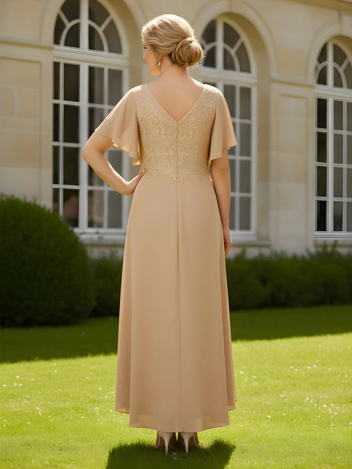 Gold high-low mother of the bride dress, alternate view showing the bodice and skirt