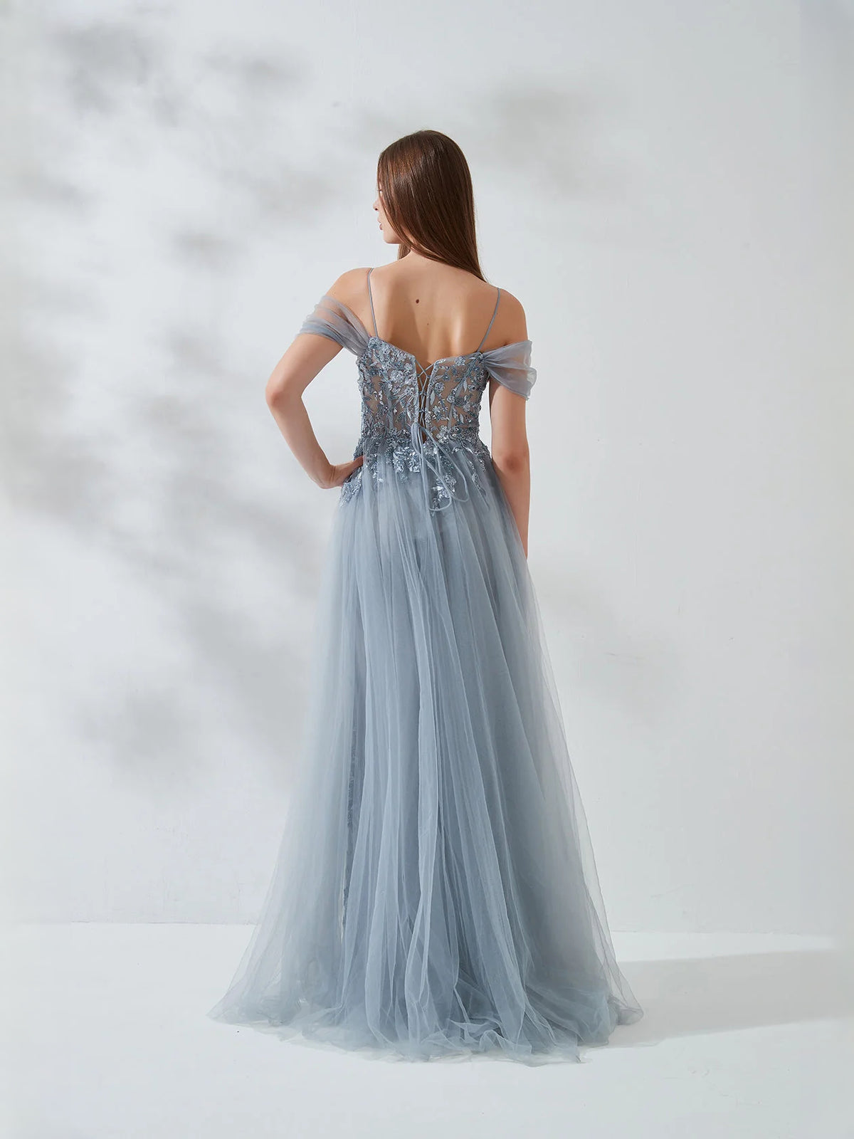 Light Gray floor-length prom dress, back view showing the rear of the dress