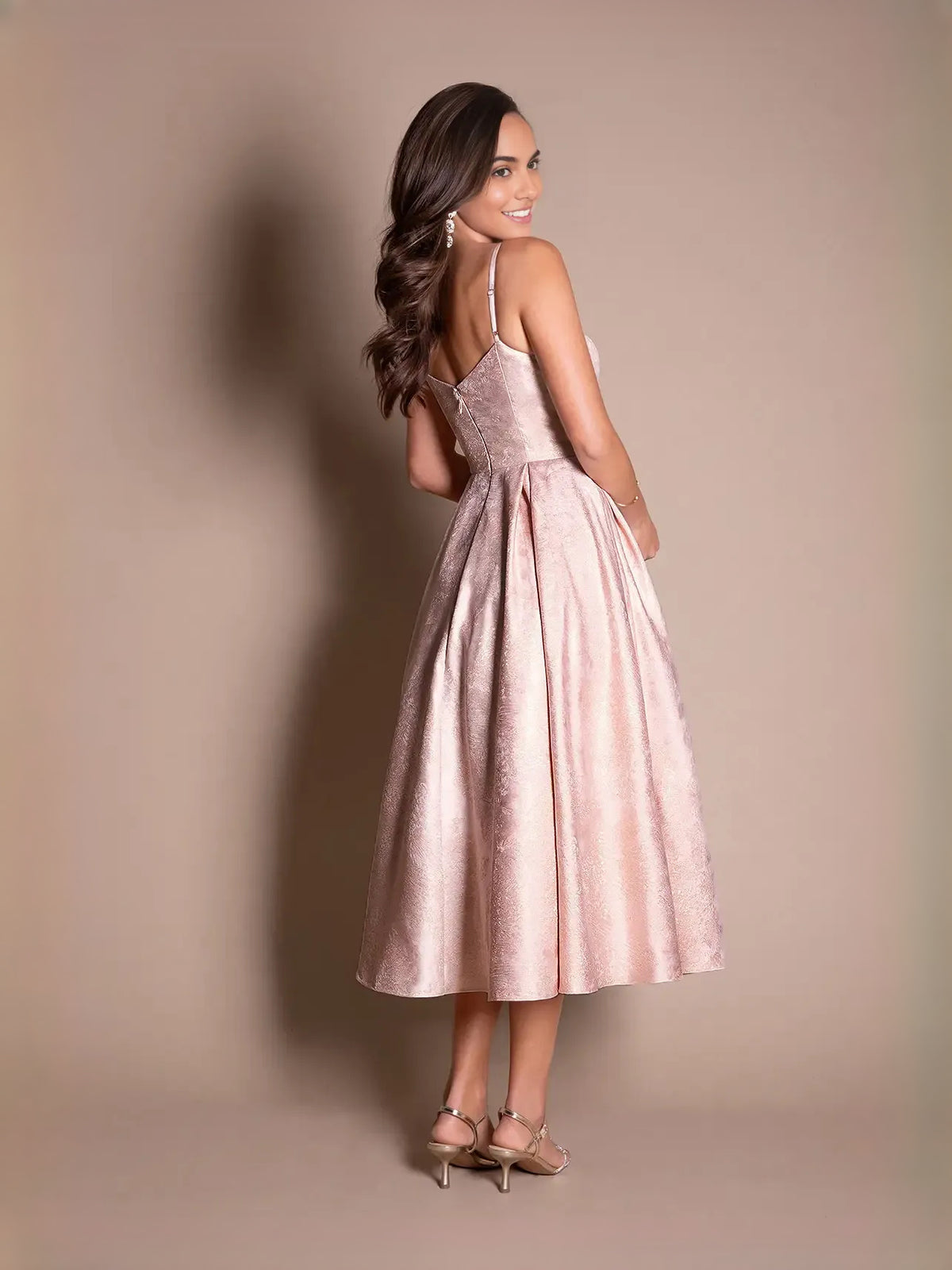 Blush Pink midi prom dress, alternate view showing the bodice and skirt