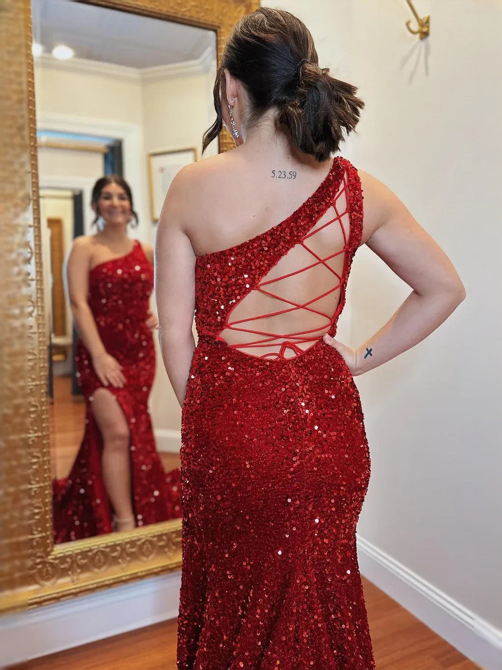 Red maxi prom dress, back view showing the rear of the dress