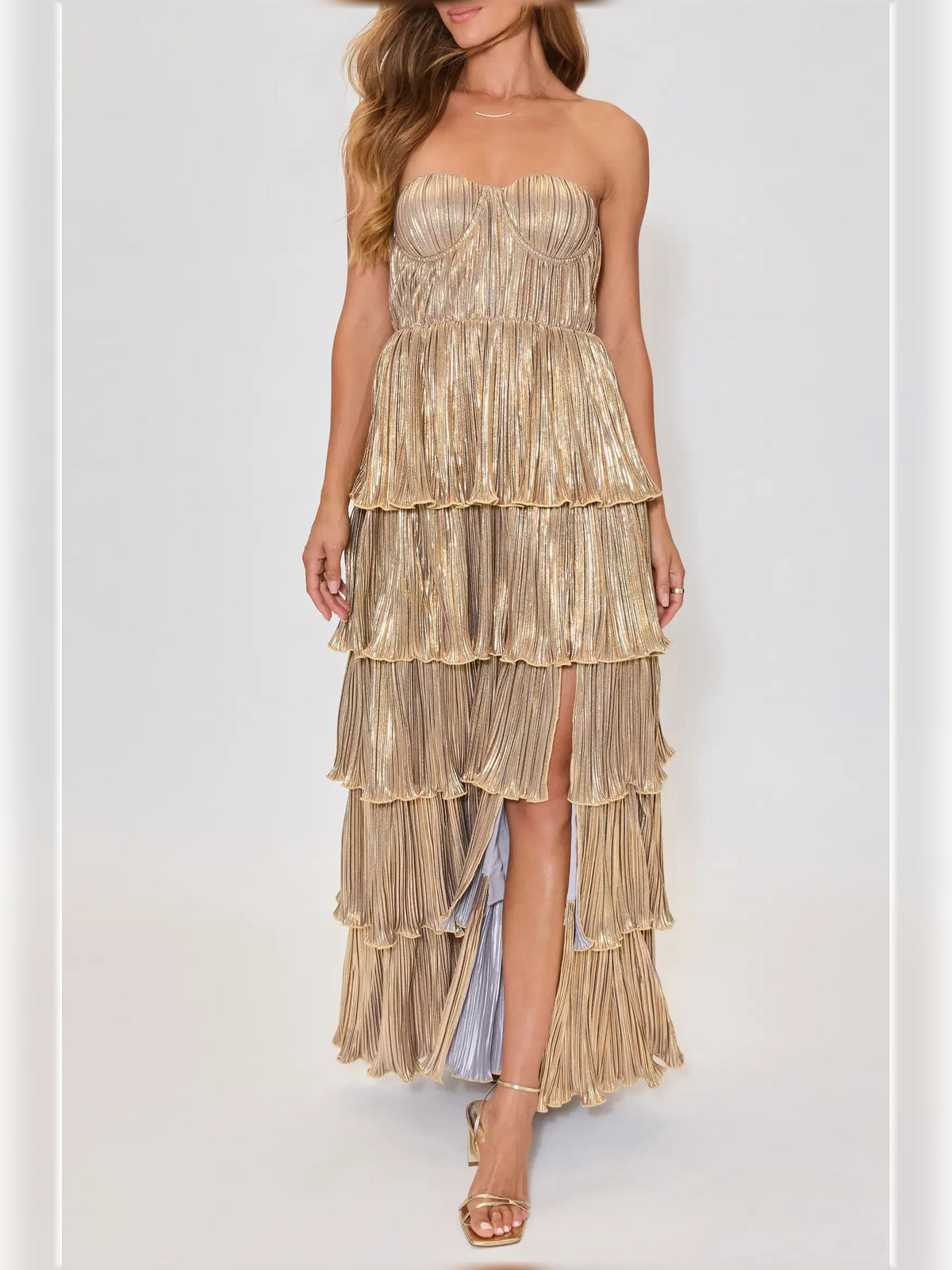 Gold a-line floor-length formal dress with pleated skirt, alternate view