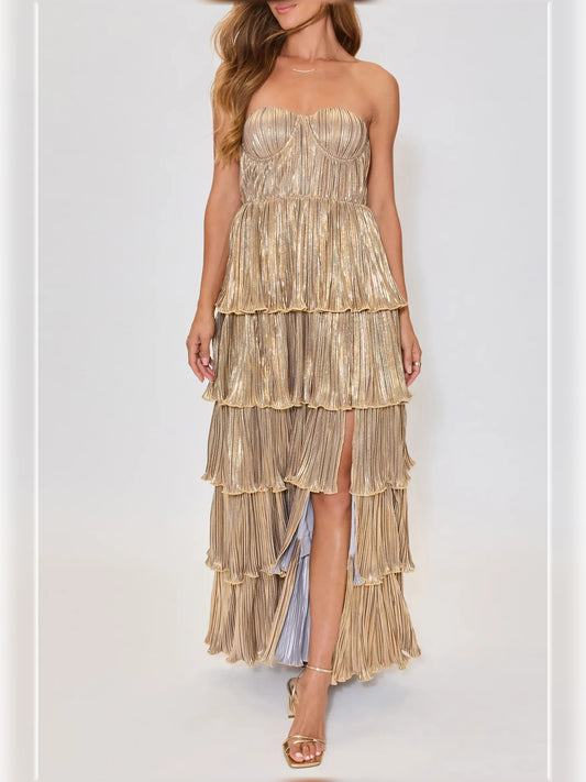 Gold a-line floor-length formal dress with pleated skirt, alternate view