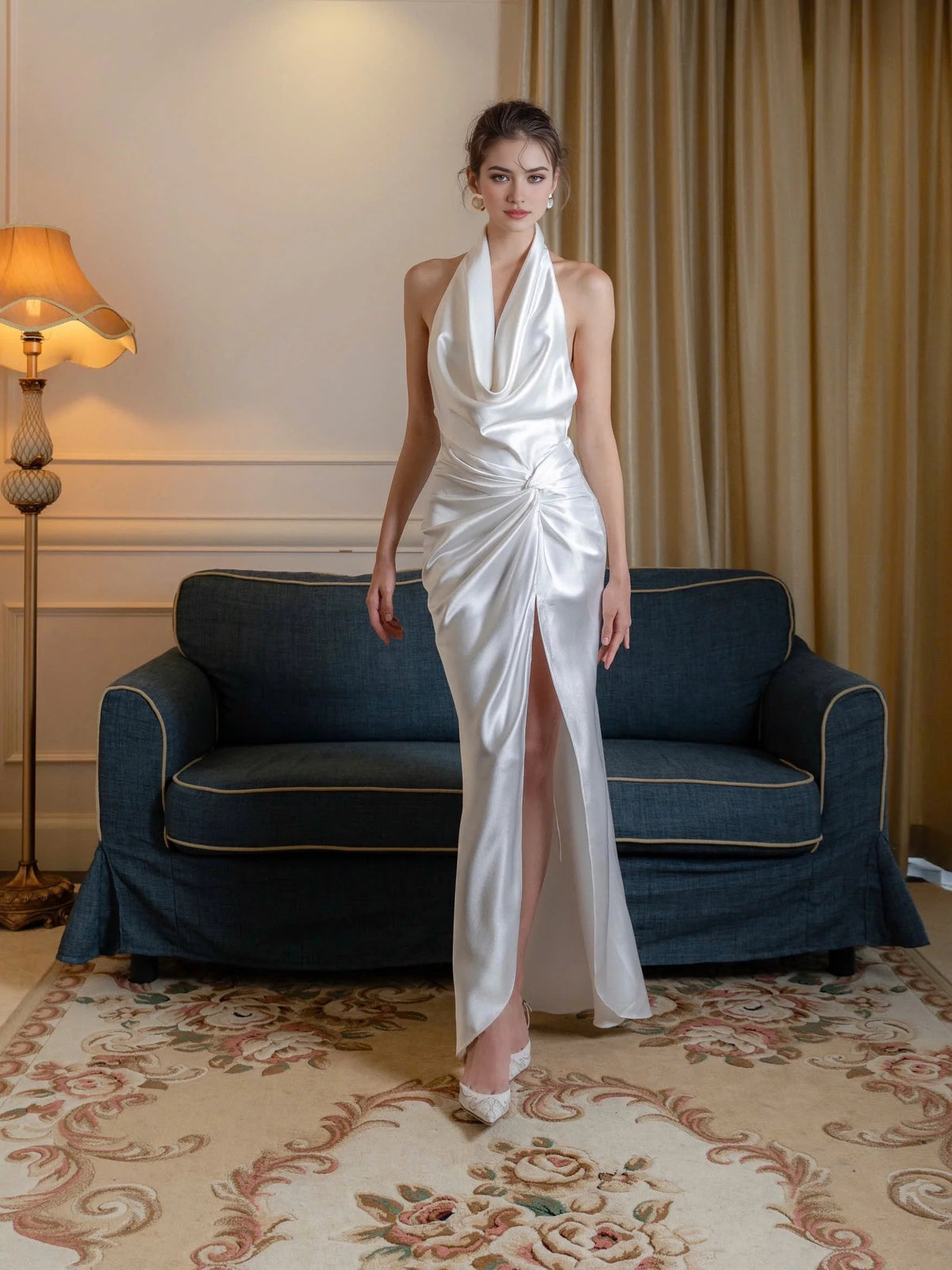 Ivory white maxi prom dress, alternate view showing the bodice and skirt