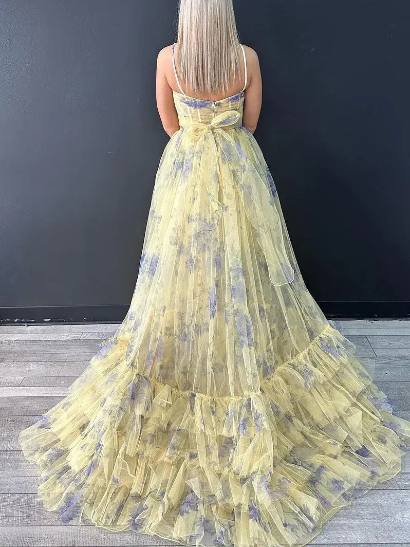 Floral maxi prom dress, close view of the dress design