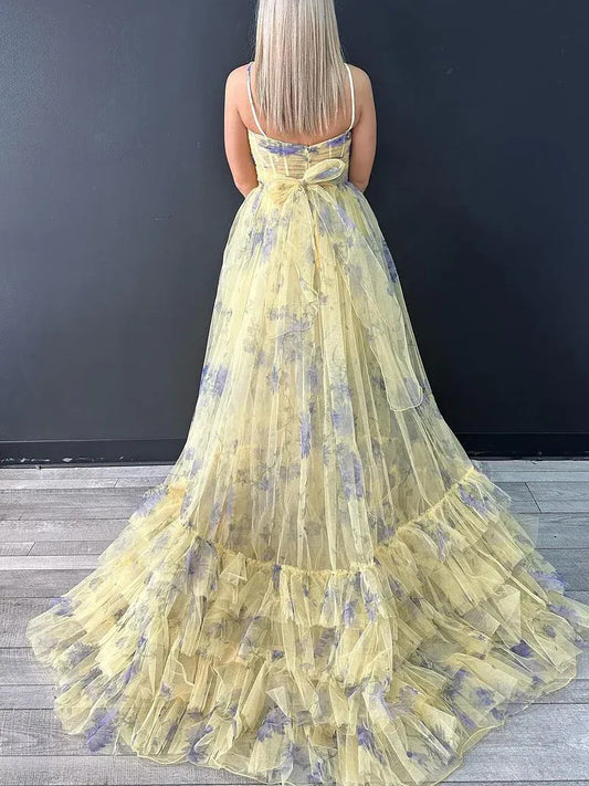 Floral maxi prom dress, close view of the dress design