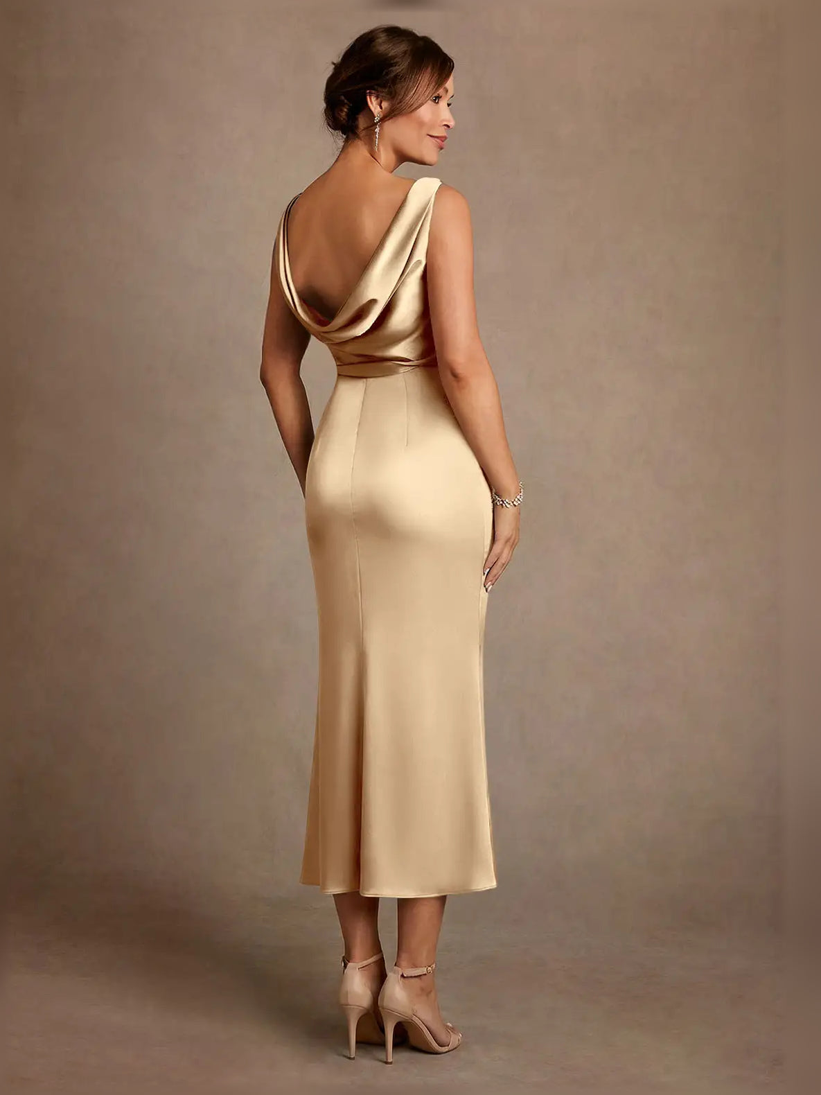 Champagne midi mother of the bride dress, alternate view showing the bodice and skirt