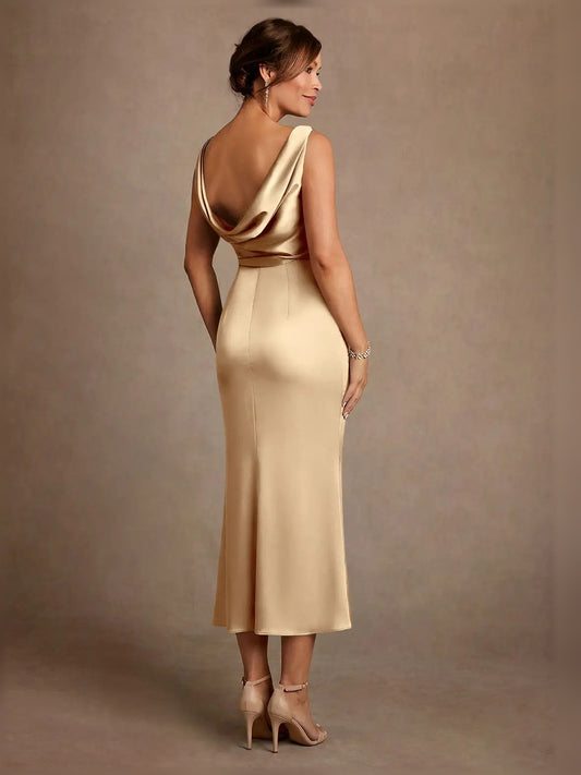 Champagne midi mother of the bride dress, alternate view showing the bodice and skirt