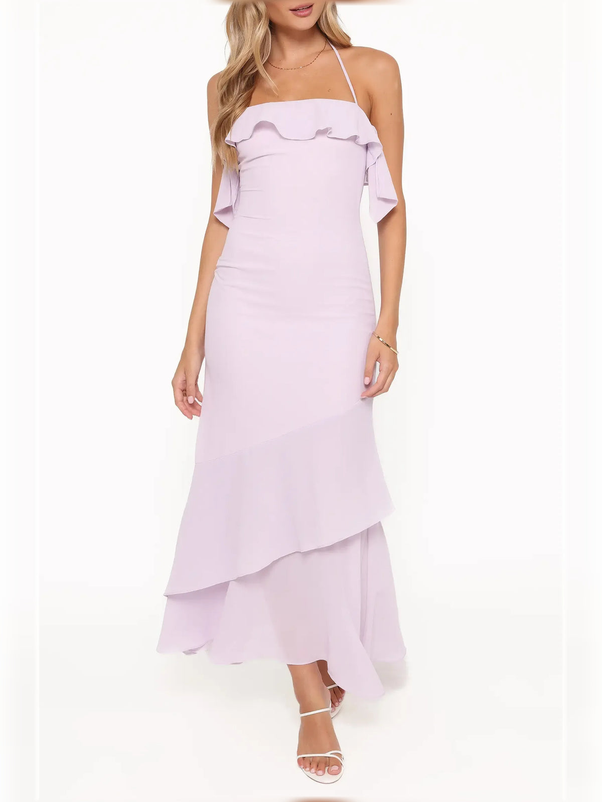 Lilac sheath midi formal dress with ruffle details, alternate view