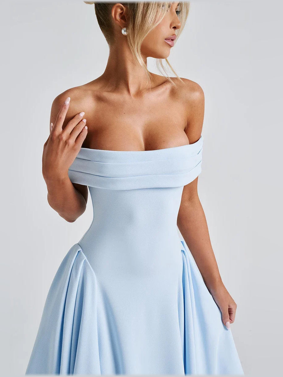 Blue a-line midi formal dress with off-the-shoulder neckline, alternate view