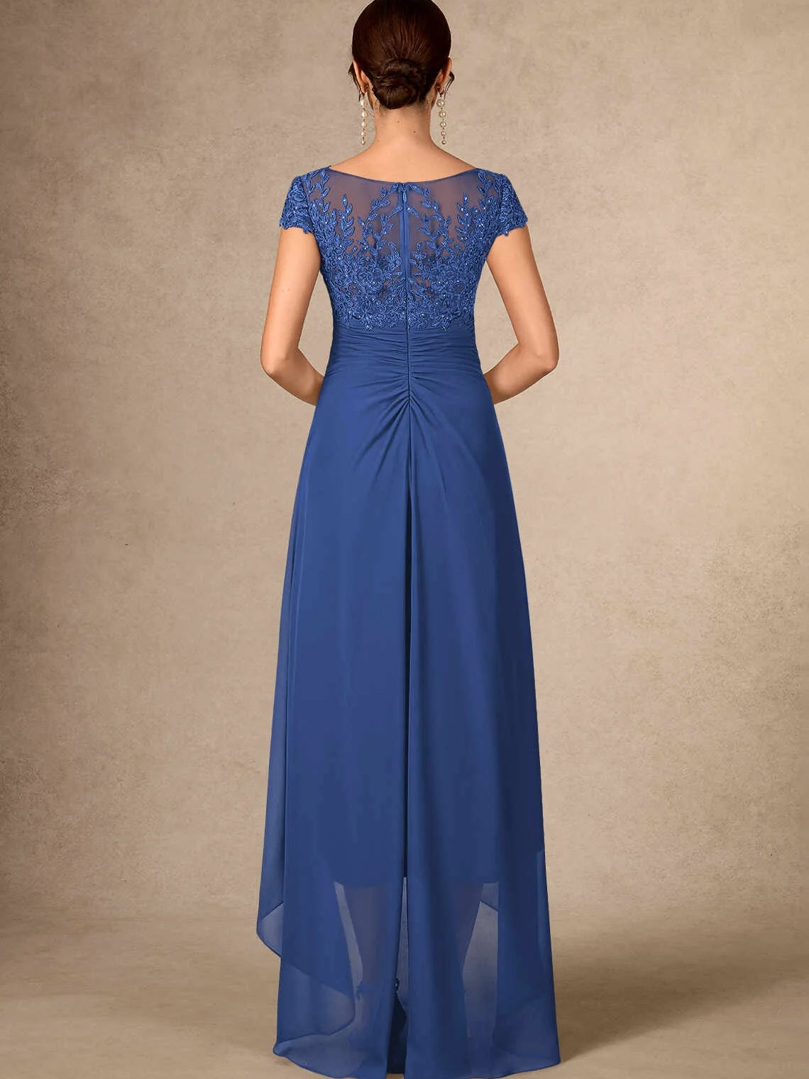 Navy high-low mother of the bride dress, alternate view showing the bodice and skirt