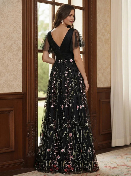 Black floor-length mother of the bride dress, alternate view showing the bodice and skirt