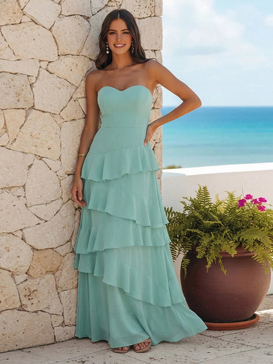 Mint Green maxi bridesmaid dress, alternate view showing the bodice and skirt