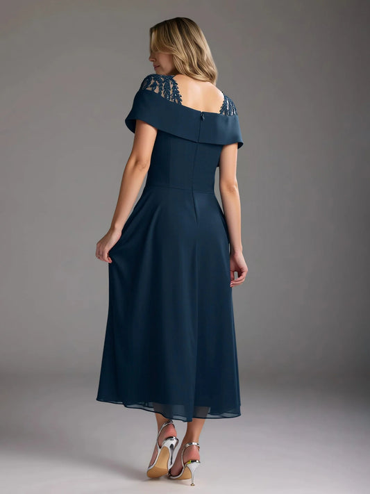 Dark Navy midi mother of the bride dress, alternate view showing the bodice and skirt