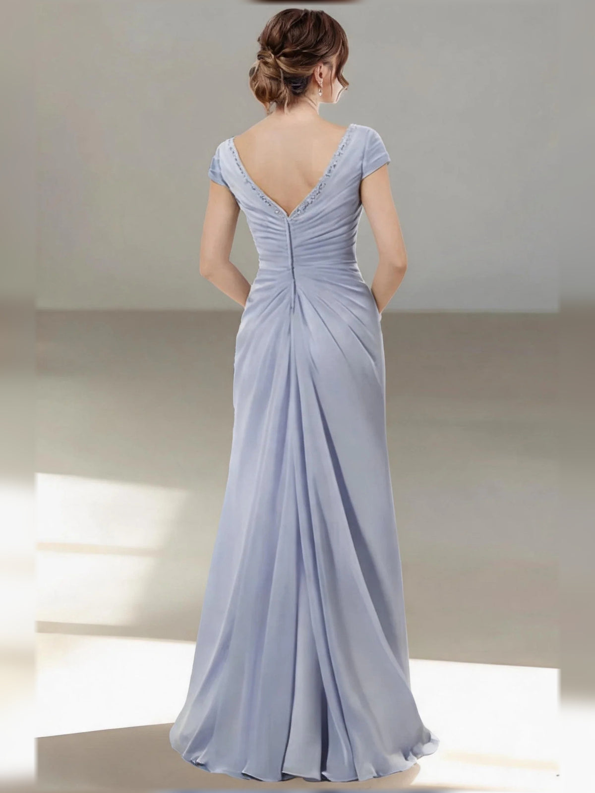 Dusty Blue floor-length mother of the bride dress, alternate view showing the bodice and skirt
