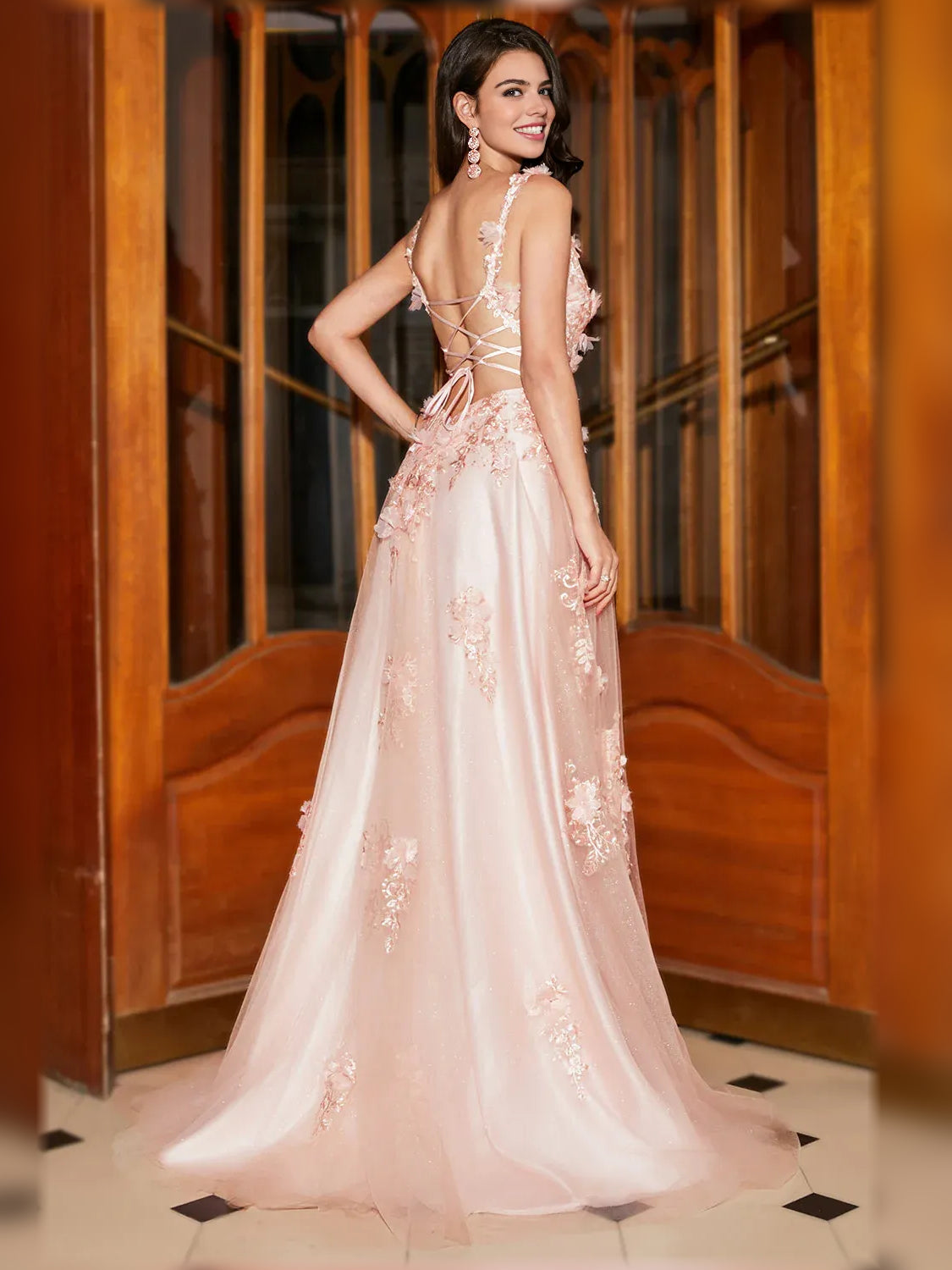 Light Pink a-line floor-length formal dress with skirt slit, alternate view