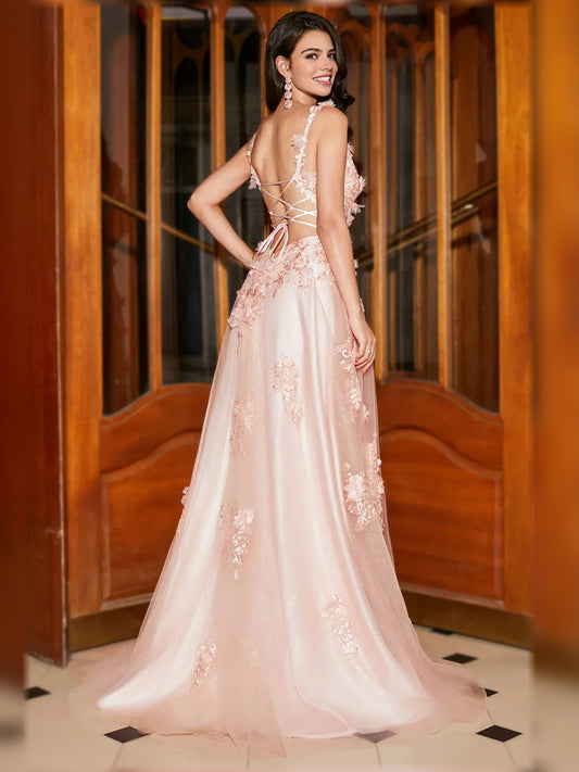 Light Pink a-line floor-length formal dress with skirt slit, alternate view