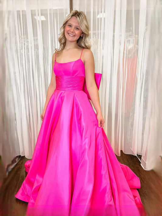 Fuchsia floor-length prom dress, back view showing the rear of the dress