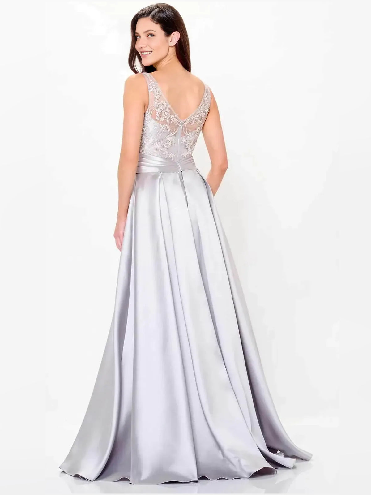 Black a-line floor-length formal dress with embroidery, alternate view