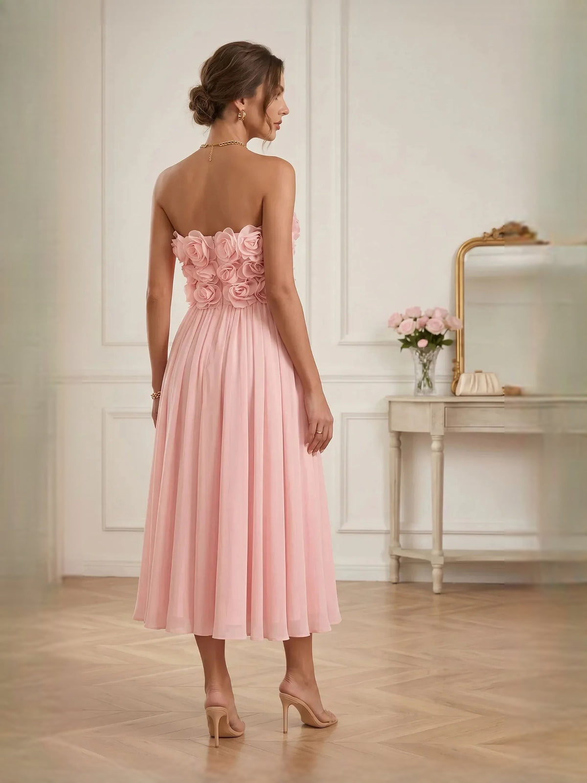 Pearl Pink midi bridesmaid dress, alternate view showing the bodice and skirt