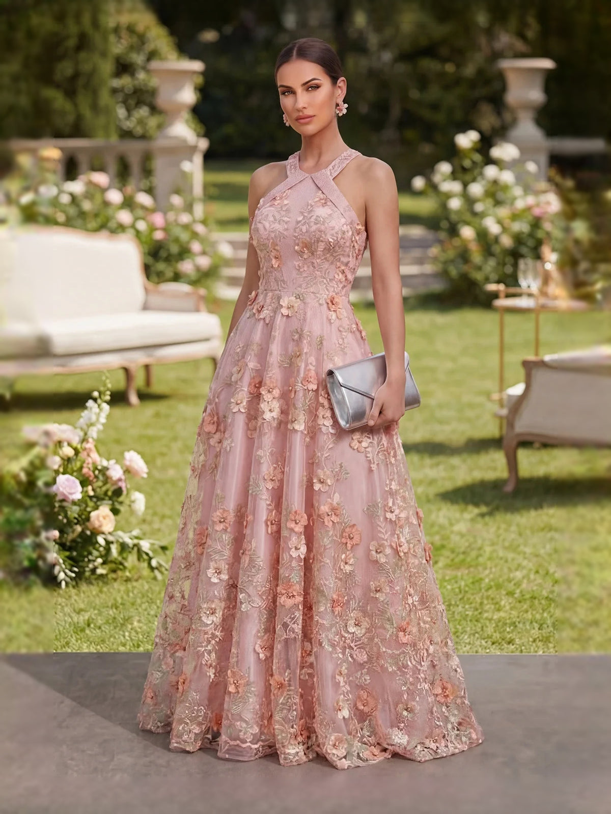 Dusty Pink floor-length prom dress, alternate view showing the bodice and skirt