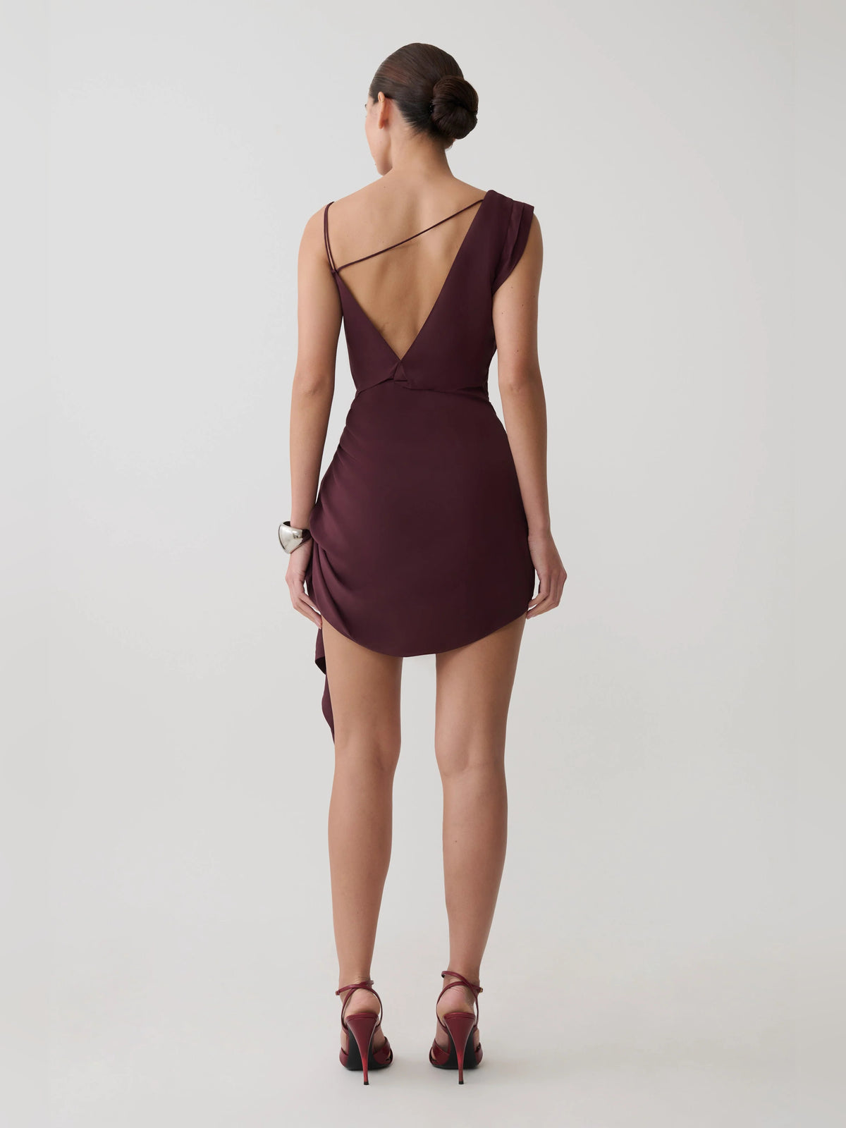 Plum mini homecoming dress, alternate view showing the bodice and skirt