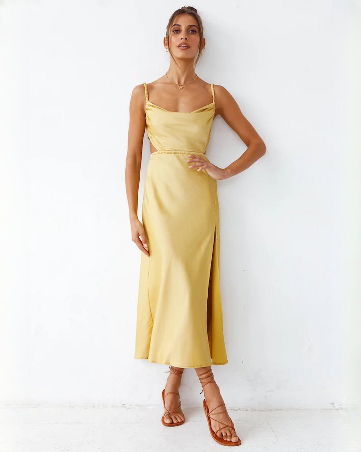 sleeveless satin a-line maxi bridesmaid dress - image 2