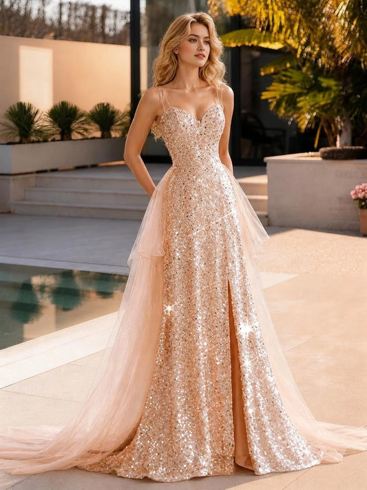 Gold floor-length prom dress, alternate view showing the bodice and skirt