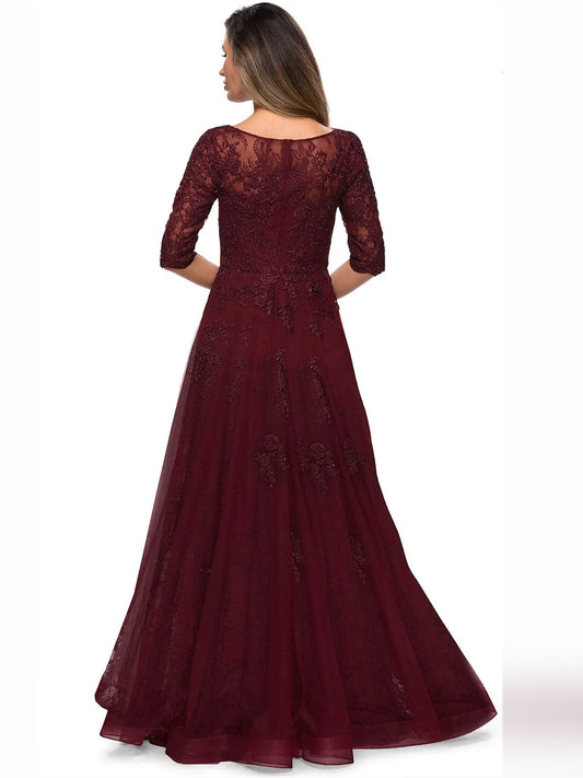 Burgundy floor-length mother of the bride dress, alternate view showing the bodice and skirt