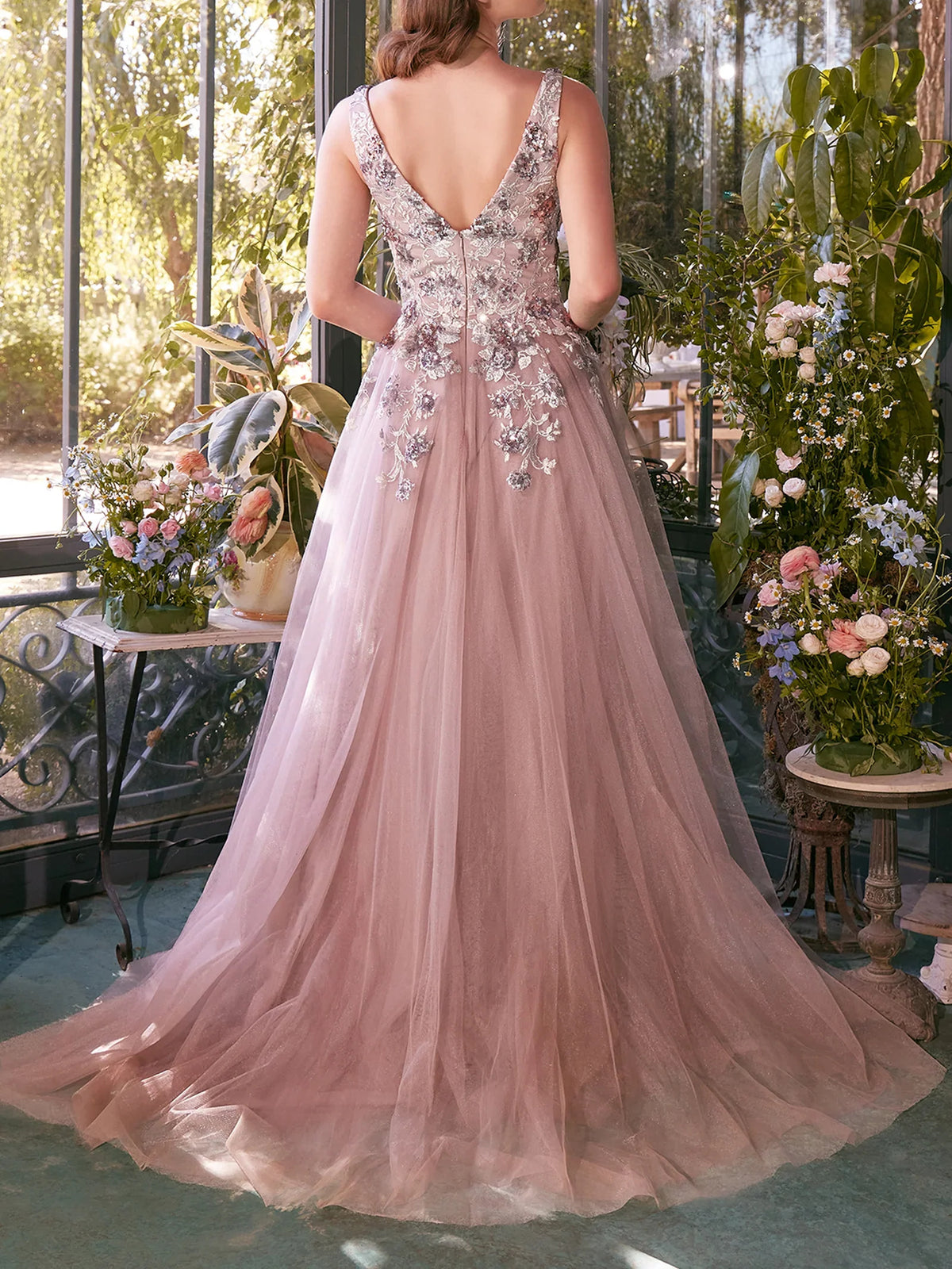 Rose Gold floor-length prom dress, back view showing the rear of the dress
