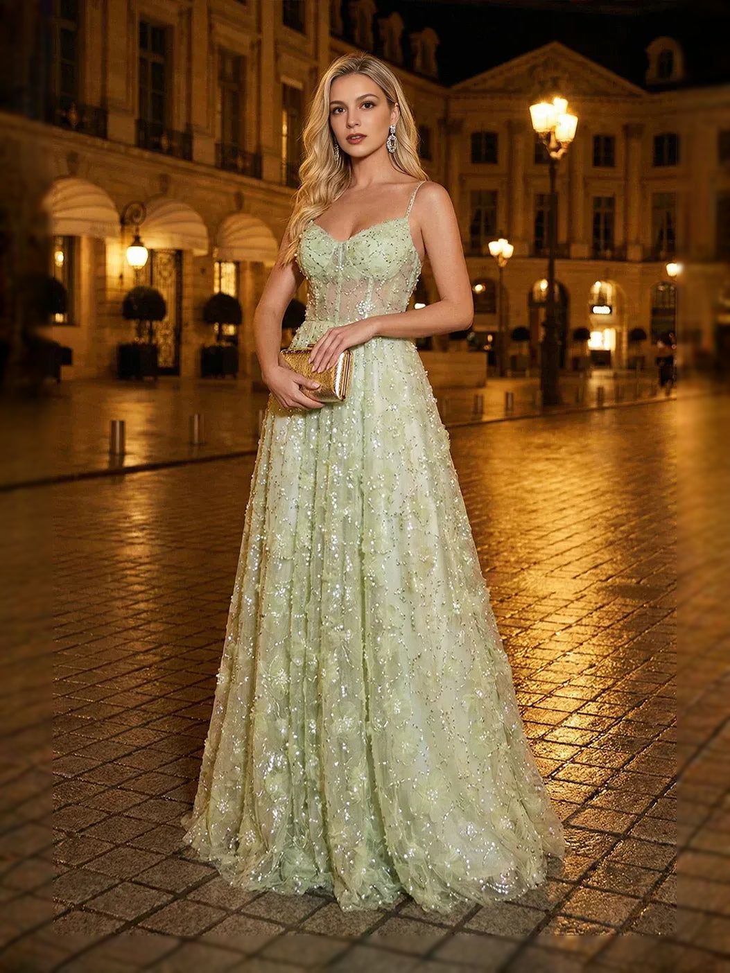 Mint Green maxi prom dress, alternate view showing the bodice and skirt