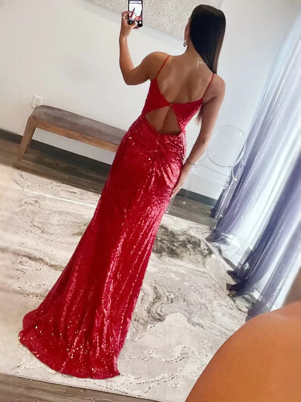 Red floor-length prom dress, alternate view showing the bodice and skirt