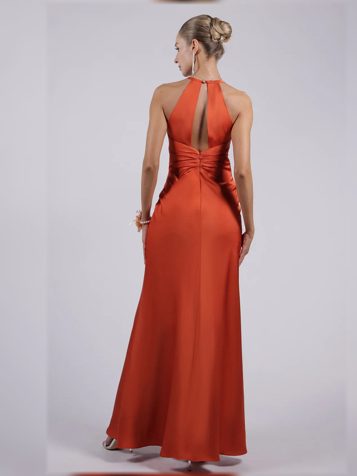 Burnt Orange sheath floor-length formal dress with halter neckline, alternate view
