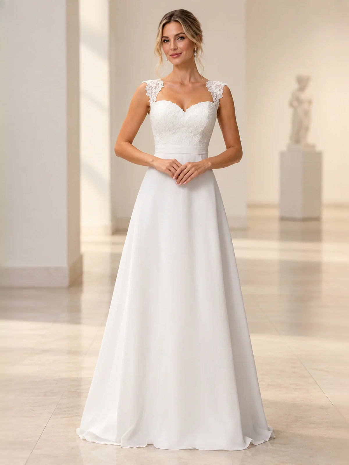 White floor-length wedding dress, alternate view showing the bodice and skirt