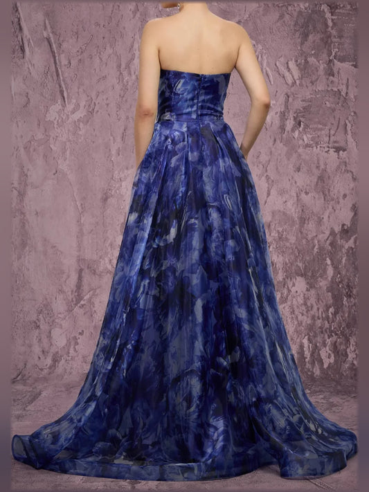 Navy Blue floor-length formal dress with skirt slit, alternate view