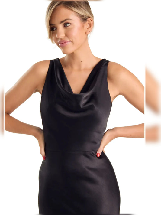 Black sheath floor-length formal dress with cowl neckline, alternate view