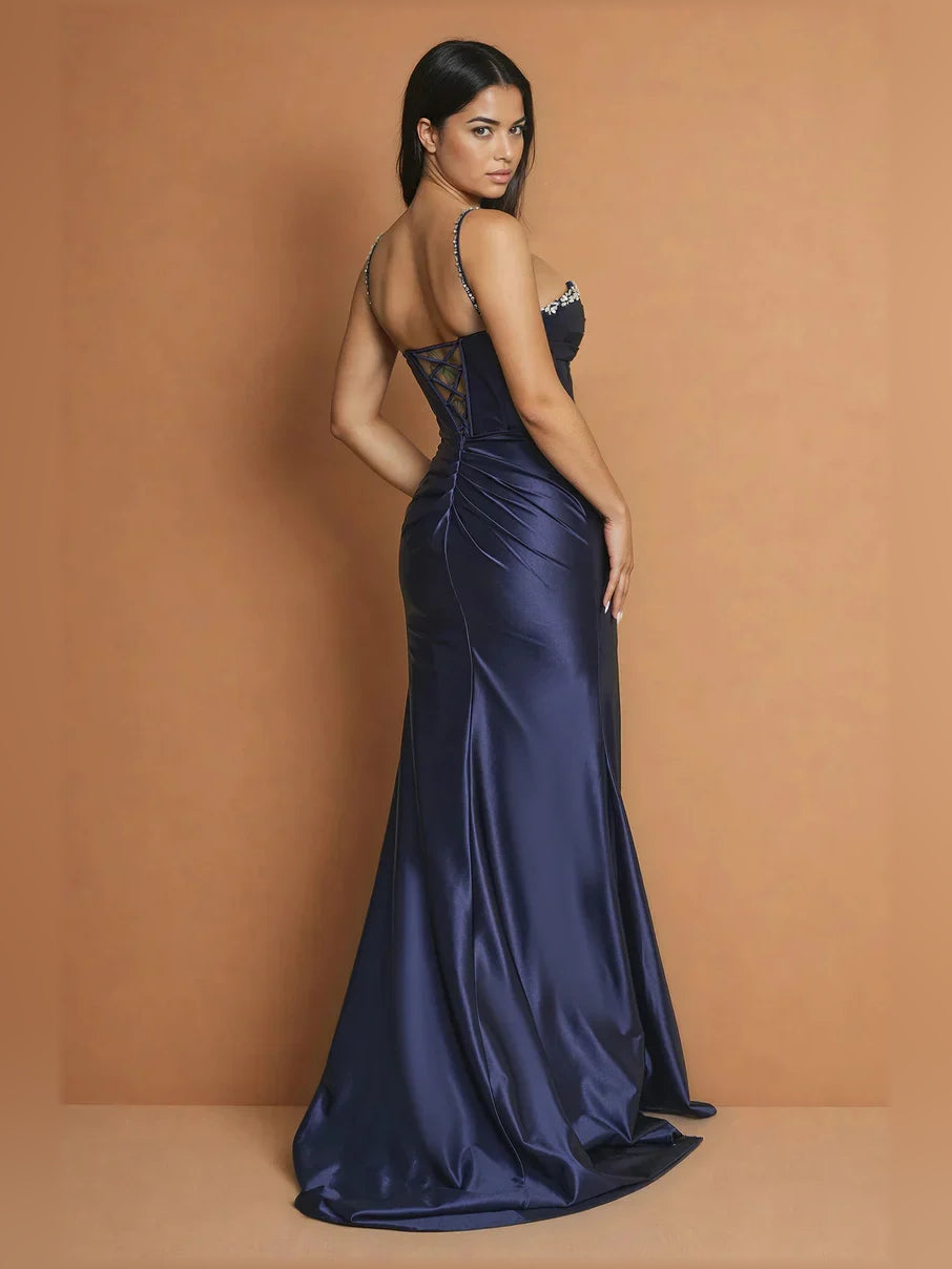 Dark Navy mermaid floor-length formal dress with beading, alternate view