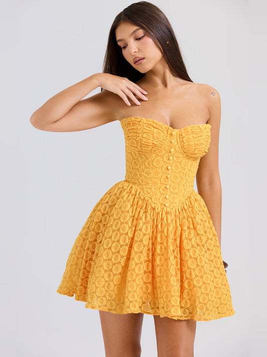 Apricot mini homecoming dress, alternate view showing the bodice and skirt