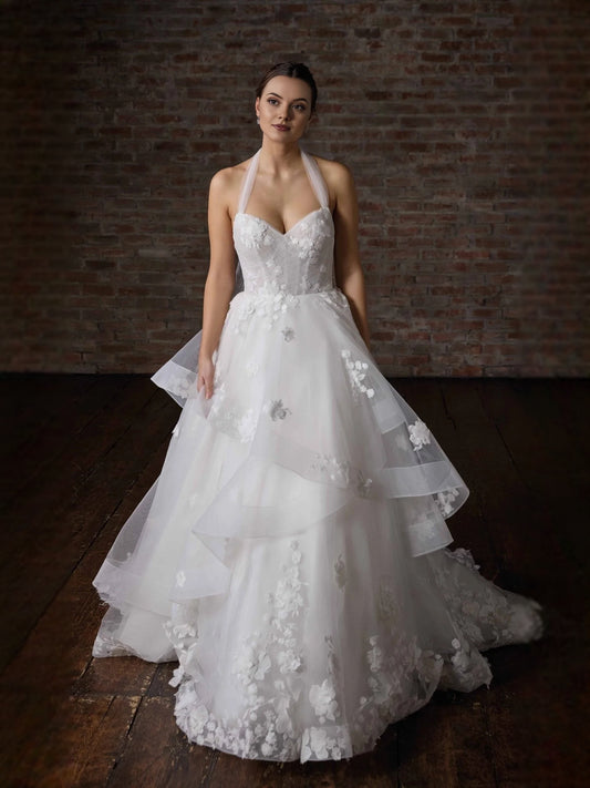 White floor-length wedding dress, alternate view showing the bodice and skirt