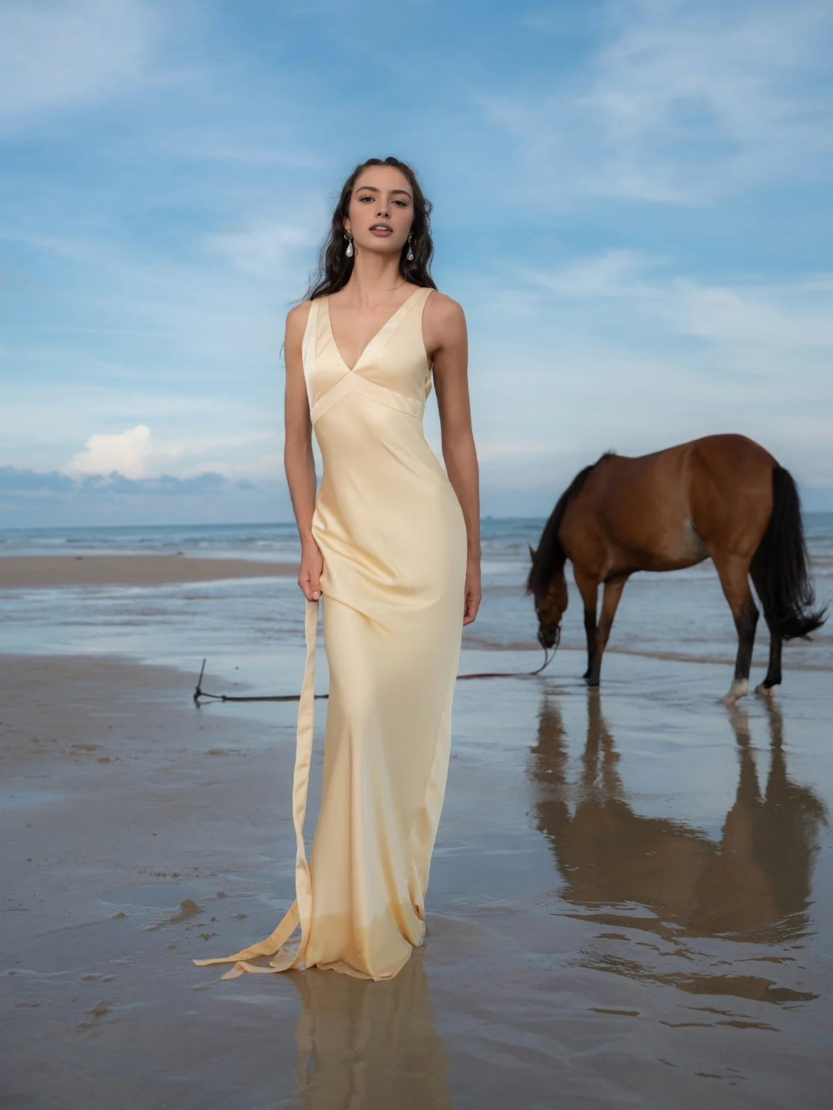 Champagne floor-length prom dress, alternate view showing the bodice and skirt